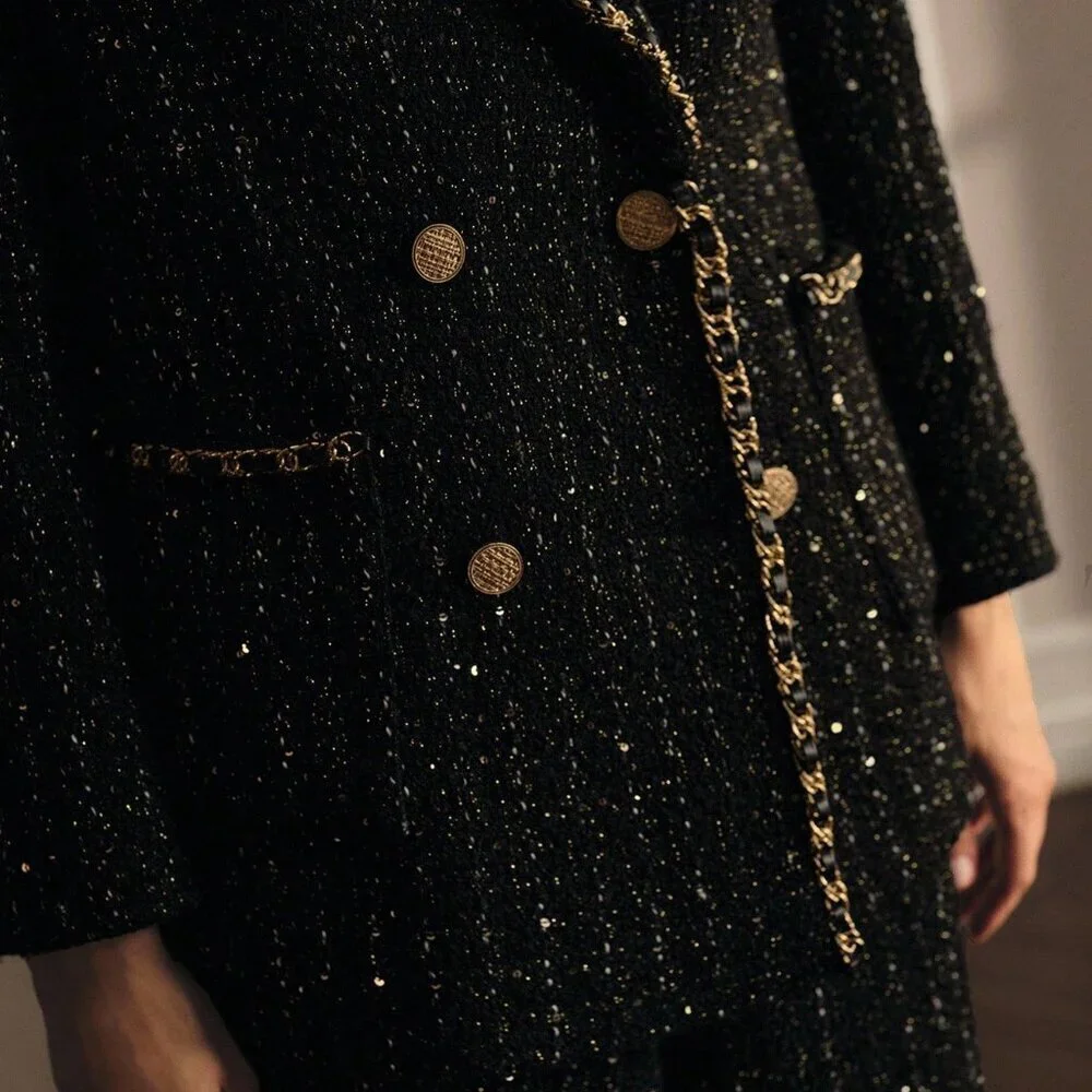 Black Elegant Women's Premium Tweed Sequins Double Breasted Placket Blazer